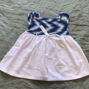 Crochet Blue And White New Born Baby Dress Bow Ribbon Accent | Handmade